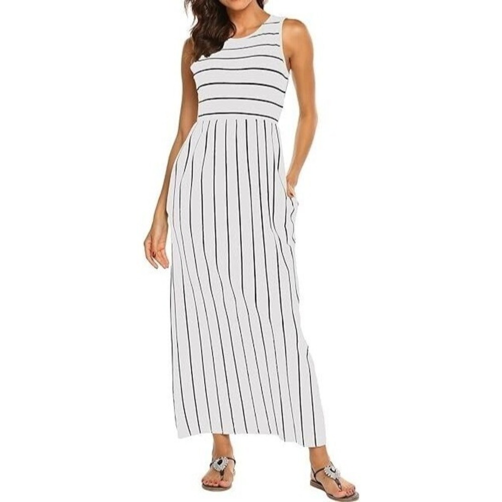 Sleeveless White Maxi Dress with Black Vertical Stripes